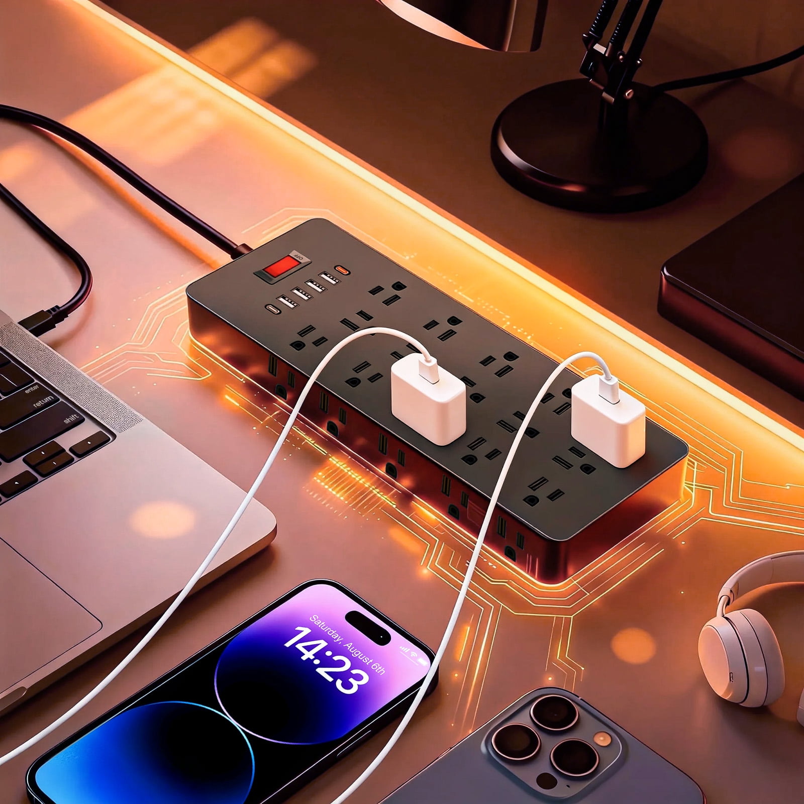 ZHANGONG 25-Outlet Power Strip with 6 USB Ports (2 USB-C) & Flat Plug, 2000J Surge Protector, 15A 1875W, 6.5ft Cord for Home Office Desk Electronics