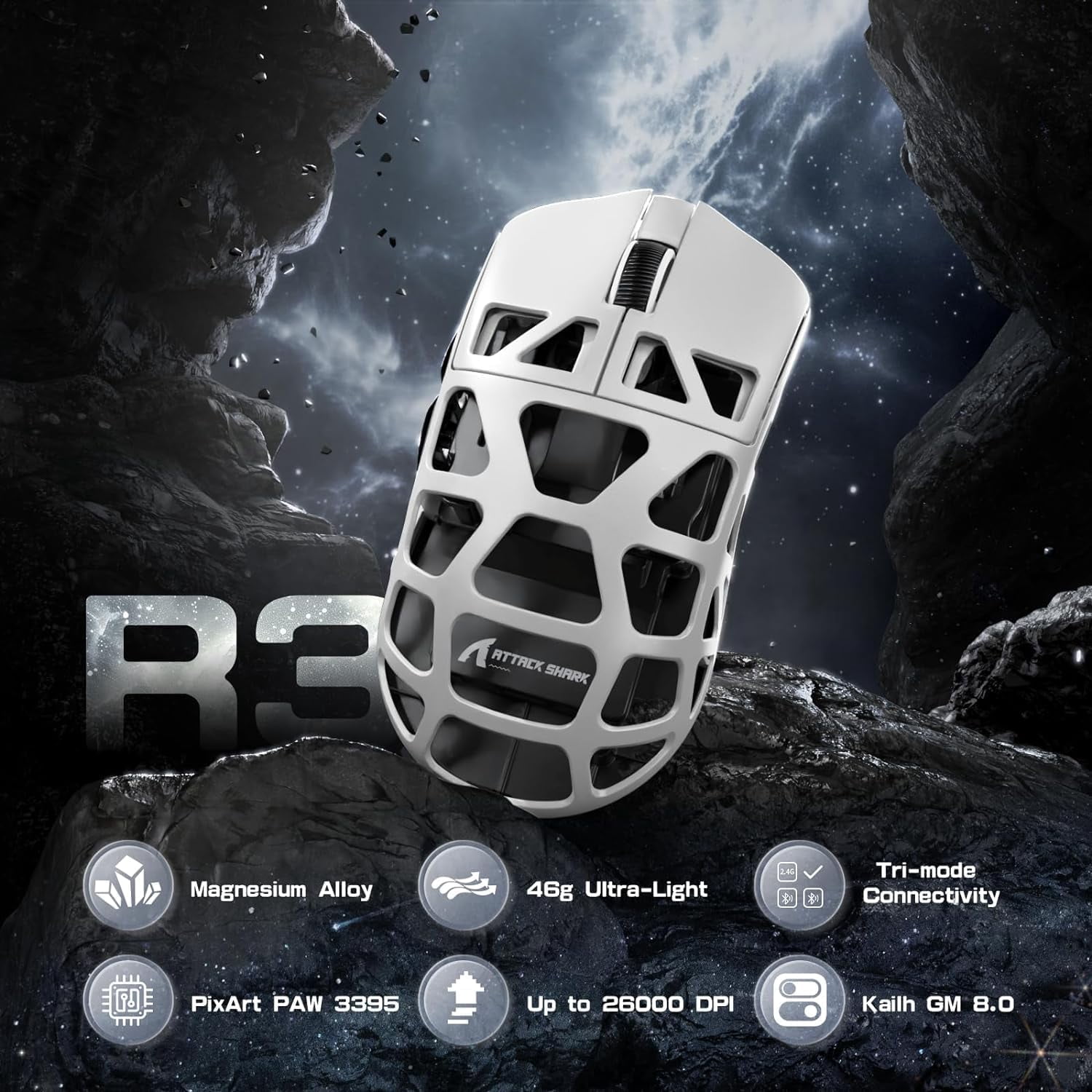 ATTACK SHARK R3 46g Superlight Magnesium Alloy Wireless Gaming Mouse, BT/2.4Ghz/Wired Computer Mouse, 8000Hz Wireless Polling Rate, PAW3395 26K DPI Optical Sensor Programmable Mice for Win/Mac(White)