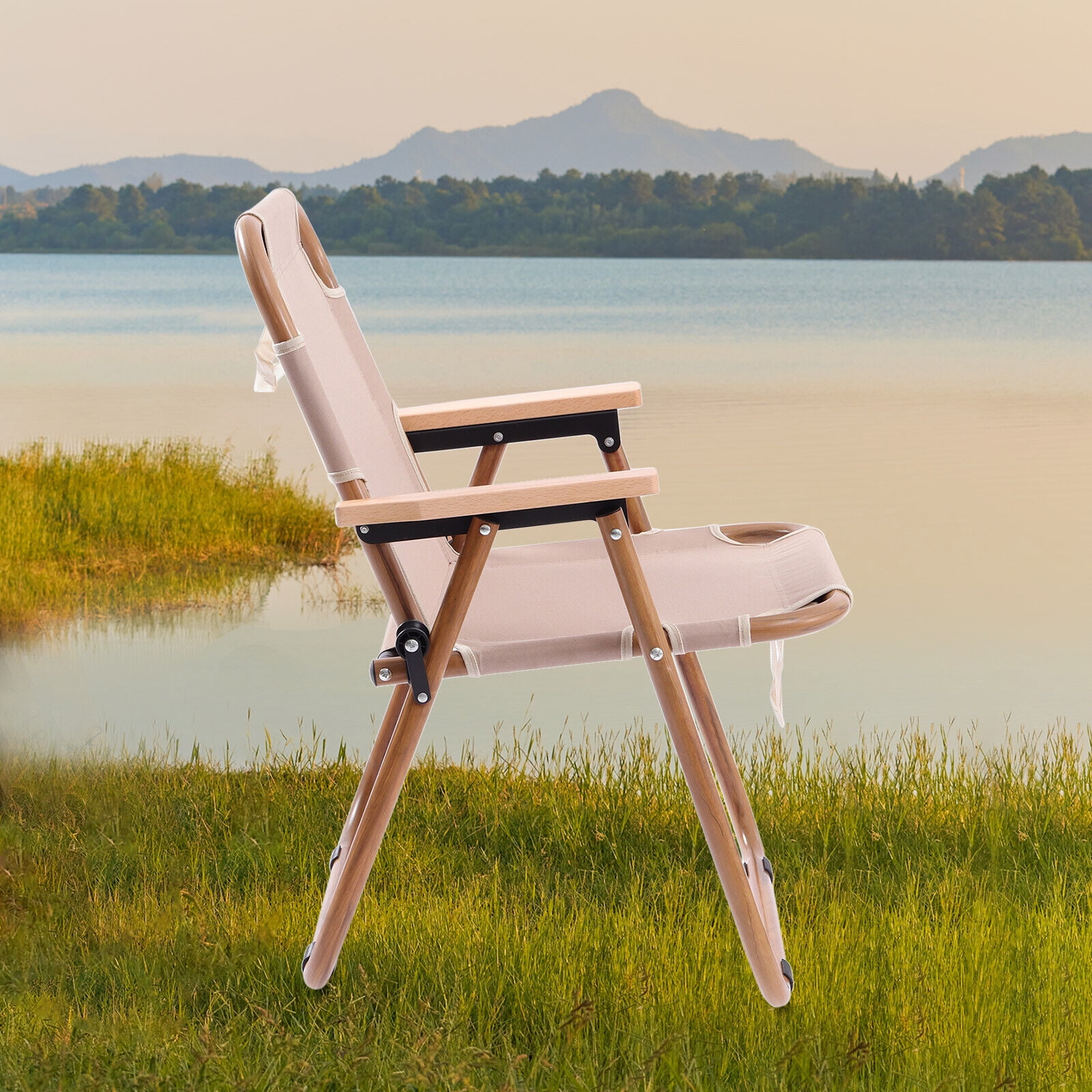 Foldable Camping Chair Outdoor Wood Grain Chair Beach Picnic Folding