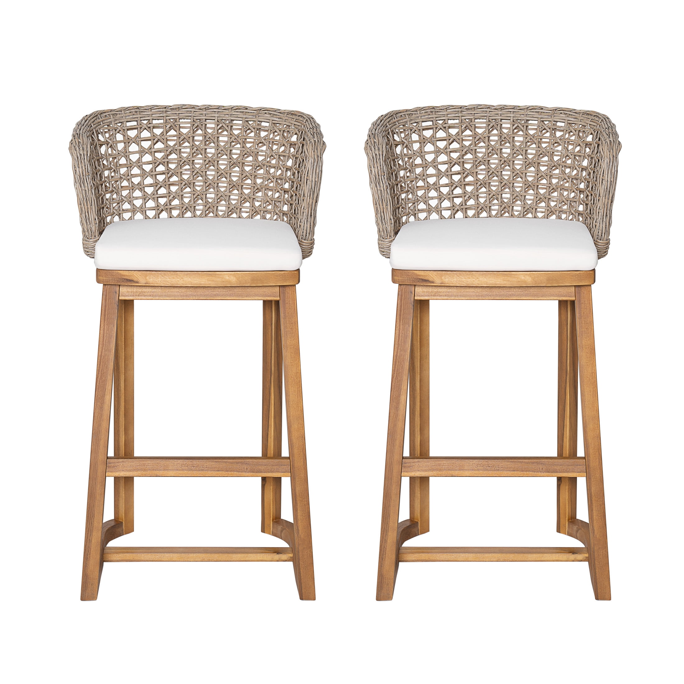 Christopher Knight Home Dome Outdoor Bar Stool Acacia Wood and Light Brown Wicker, Set of 2