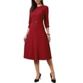 thumbnail image 2 of INSPIRE CHIC Work for Women's Keyhole Neck 3/4 Sleeve Office A-Line Dress with Belt S Wine Red, 2 of 5