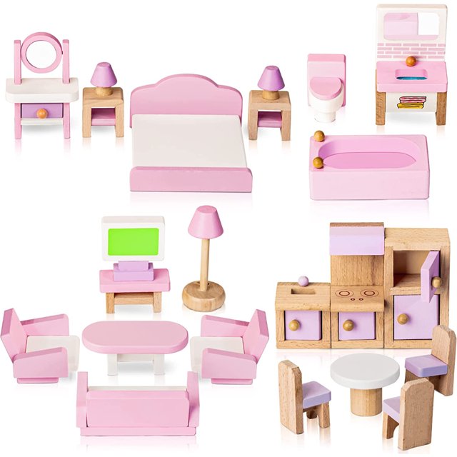 PEACNNG Wooden Doll house Furniture Set, 22 Pcs Accessories Including 5