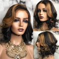 thumbnail image 1 of Peluca corta Pelucas delanteras de encaje Bob sintético Ondulado Negro/Rubio Destacados Color Línea de cabello natural 160% Densidad Cabello Balayage Ombre Dos tonos Color Fibra resistente al calor Pe, 1 of 5