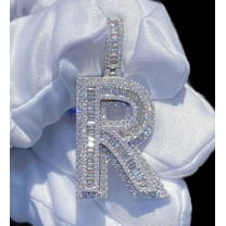 3Ct Baguette Cut Real Moissanite Mean's "R" Latter Pendant 14K White Gold Plated Silver