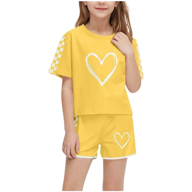 Zpanxa Ensembles d'Été pour Filles Mode Décontractée Manches Courtes Col Rond Col Bouton Imprimé Ensembles de Shorts 5 Ans