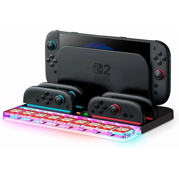 for Nintendo Switch 2 Joy Con Controllers Charger, [9 Game Card Storage] [Ambient Lighting] All-in-one Organization Accessories for Switch 2, Heat Dissipation Slot for Dock with USB Cable