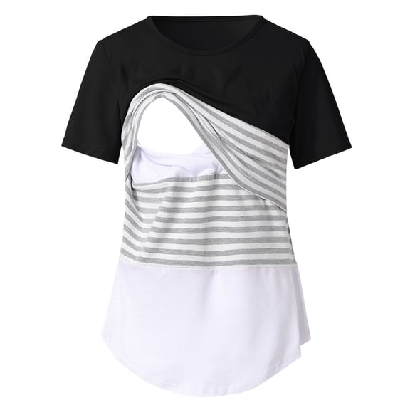 YanHong Nursing Tops for Breastfeeding on Built-in Bra Women Nursing Stripe Round Neck Short Sleeve Blouse Shirt Black L
