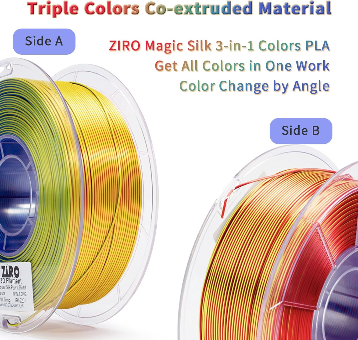 PLA Filament, Triple Color Coextrusion Silk 3D Printer Filament 1.75mm, for 3D Printer Pen, Shine Multicolor PLA Rainbow 1kg Spool, Aurora (Silky)