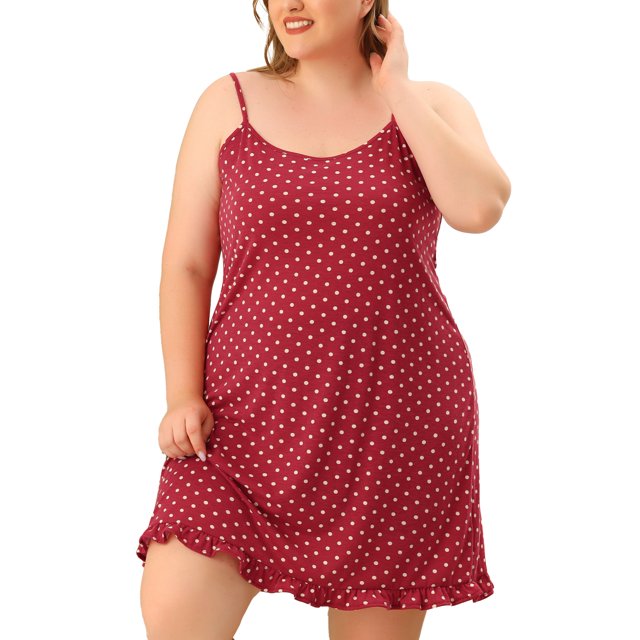 Women's Plus Size Sleep Dress Adjustable Strap Polka Dots Ruffle Hem Nightgown Burgundy 1X