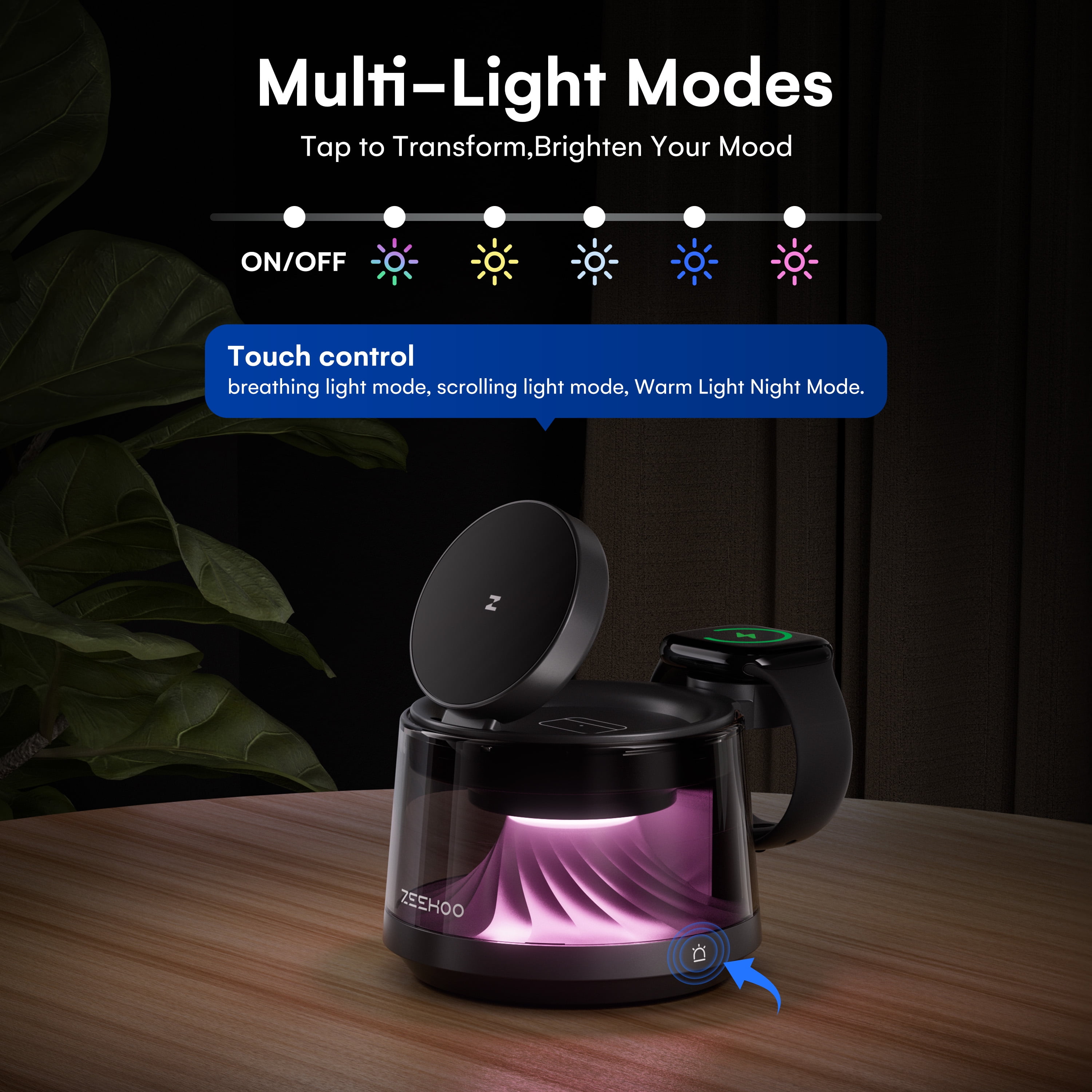 ZEEHOO 4-in-1 Wireless Charging Station with Night Light – 15W Fast Charger Stand for iPhone, AirPods & Apple Watch, Multi-Mode LED Lamp with Warm Light, RGB Flow & Breathing Colors