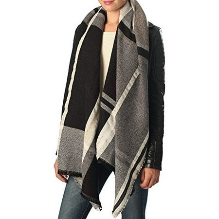 Sassy Scarves Womens Cold Weather Check Pattern Oblong Blanket Scarf (Black)