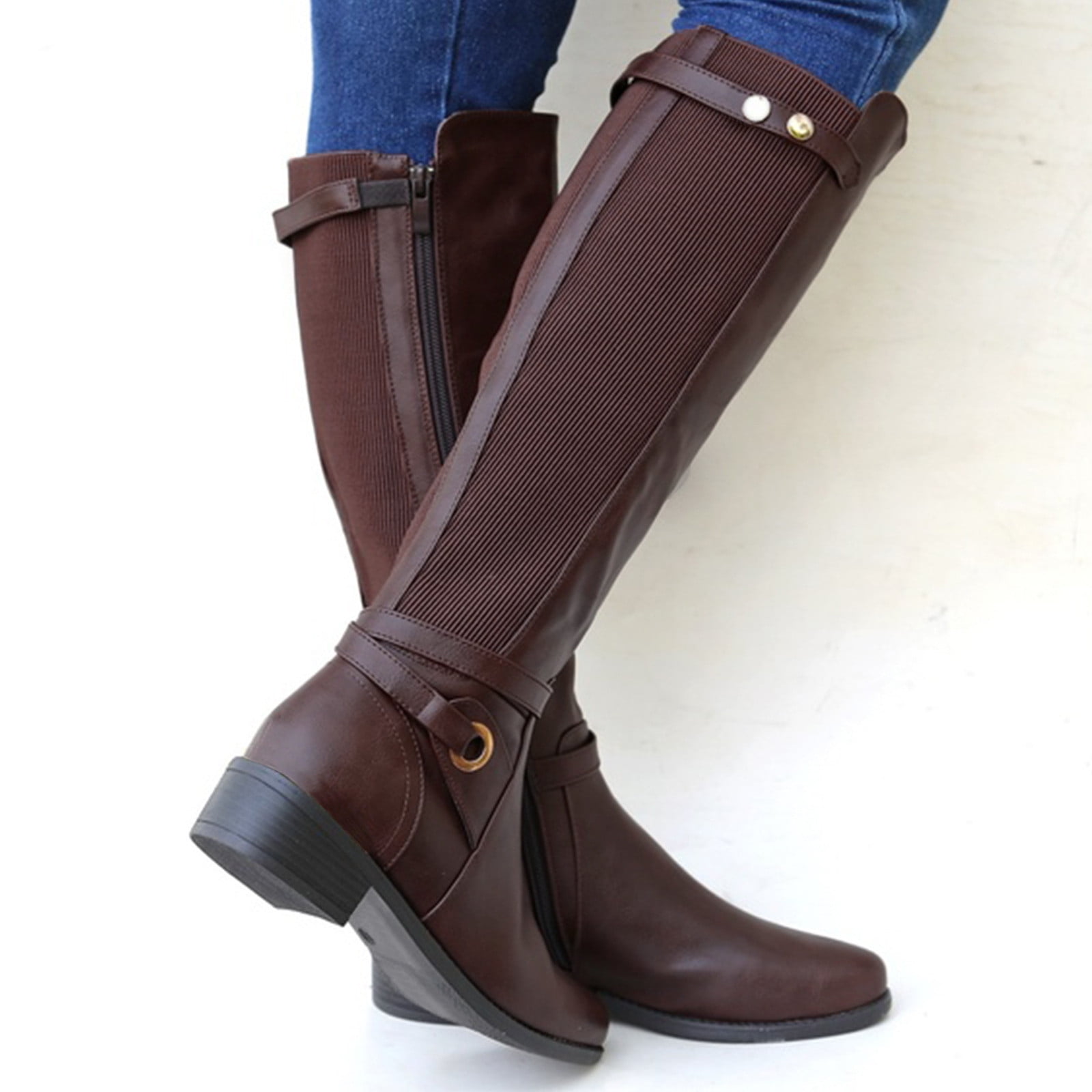 HAOTAGS Womens Boots Mid Calf Low Heel Womens Dressy Shoes Brown Size 9