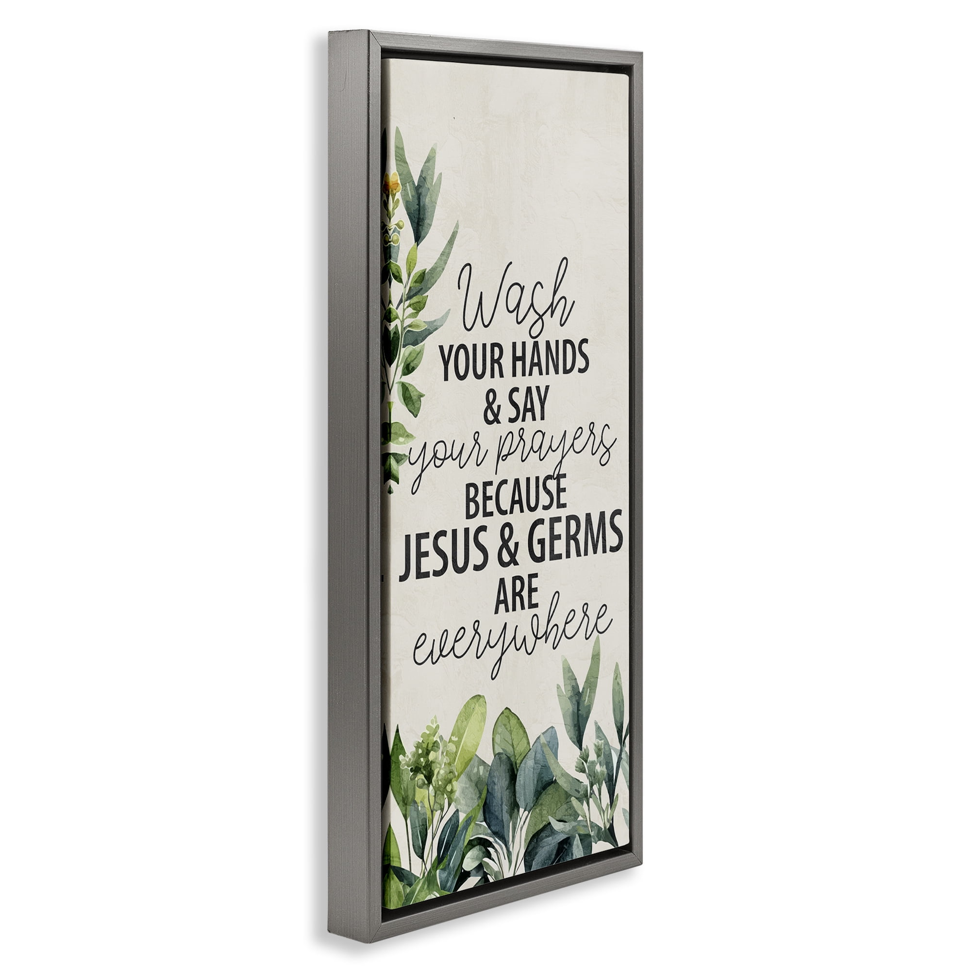 Stupell Industries Jesus & Germs Hygiene Bath & Laundry Painting Gray Floater Framed Canvas Art Print Wall Art, 14 x 31