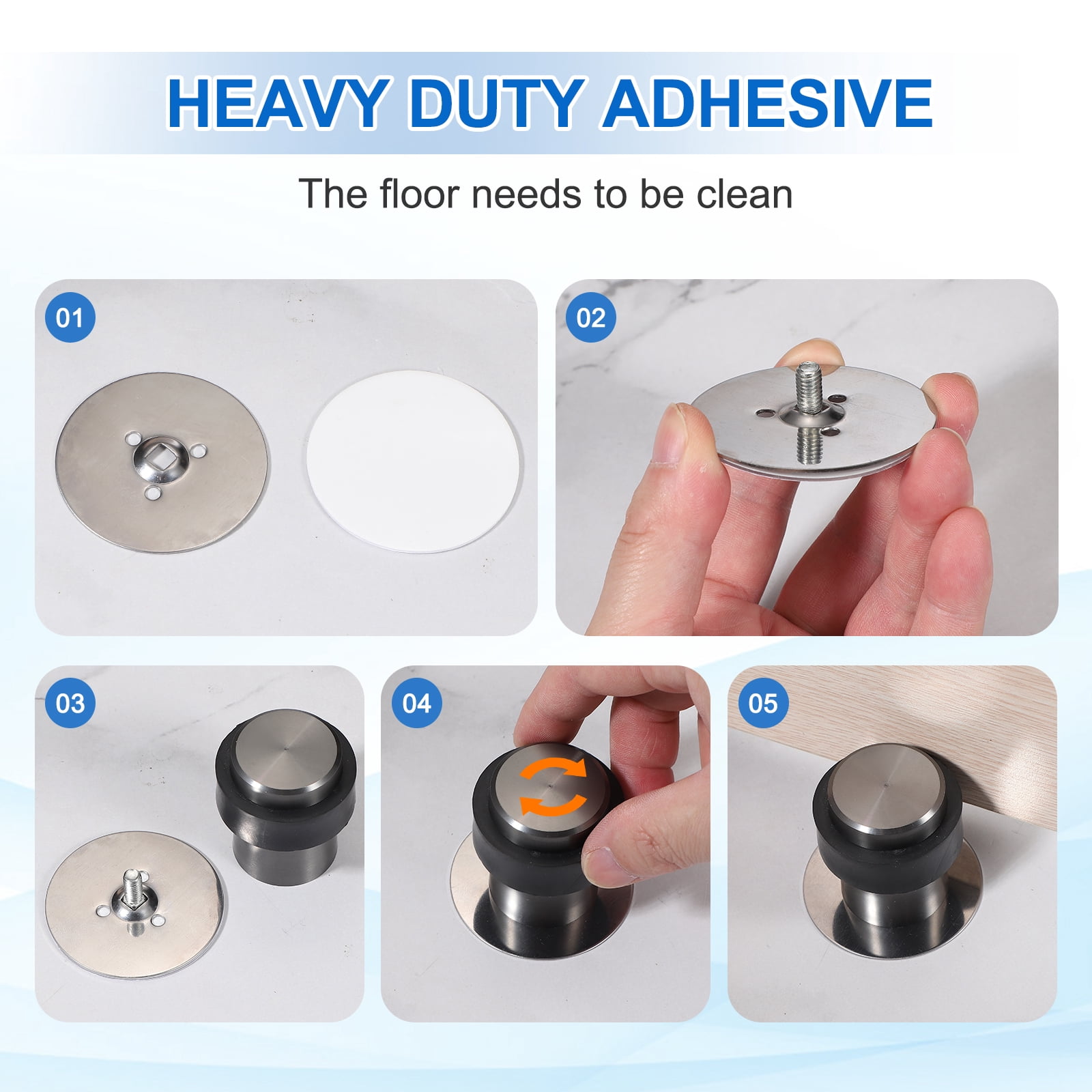 2Set Round Door Stoppers, 60mm Stainless Steel Door Stop Doorstop Wedge Metal Cylinder Self Adhesive with Screw for Bottom of Door Floor Inside, Gray