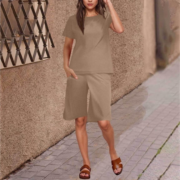 Womens Loungewear Set Solid Color Leisure Casual Loose Khaki-Short Outfit Sets S-2XL