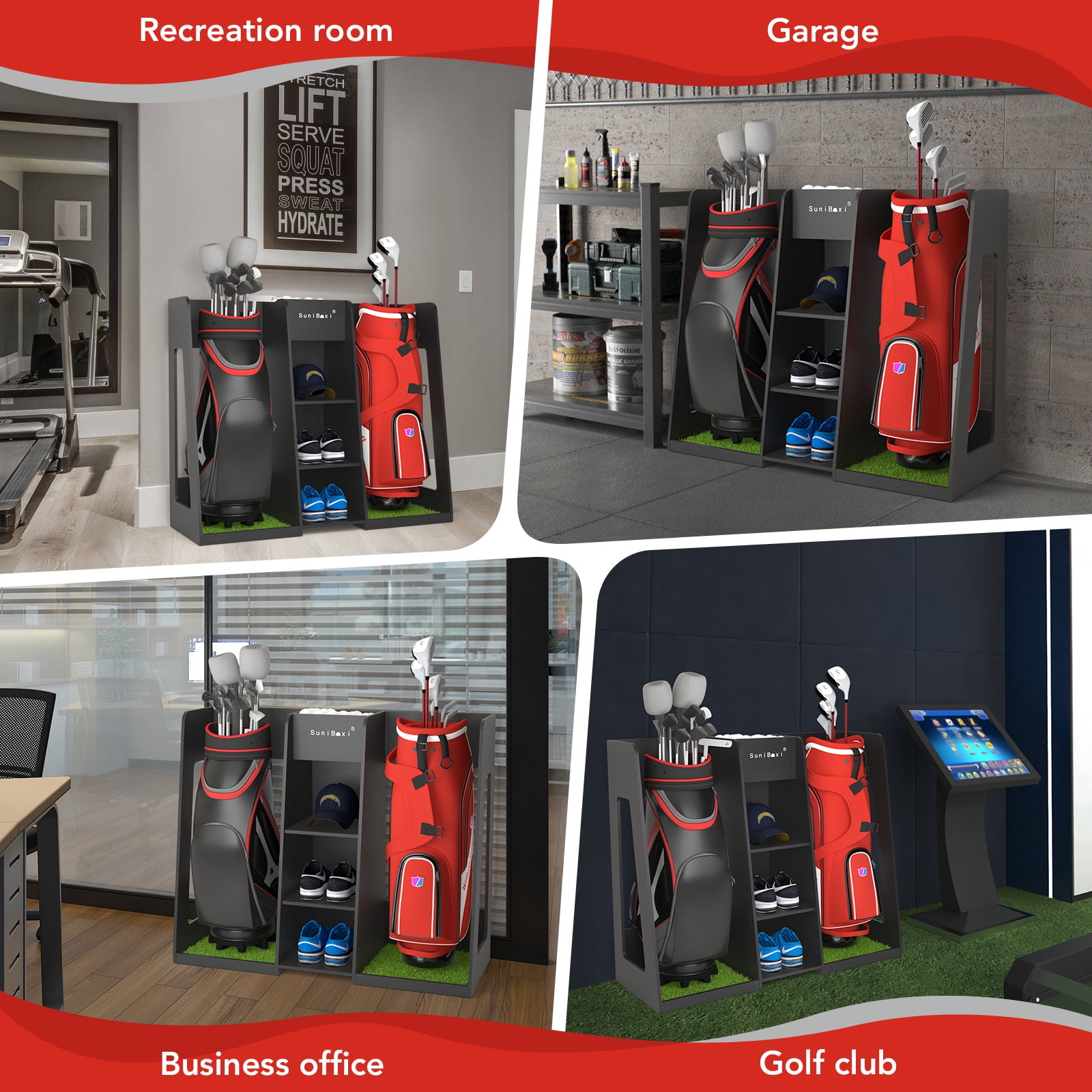 Golf Bag Organizer Storage Rack Stand Holder Fits 2 Extra Large Golf Club Bags and Multiple Golfing Equipment Accessories Great Gifts for Any Skill Level Golfer in Garage Shed Basement Indoor Outdoor