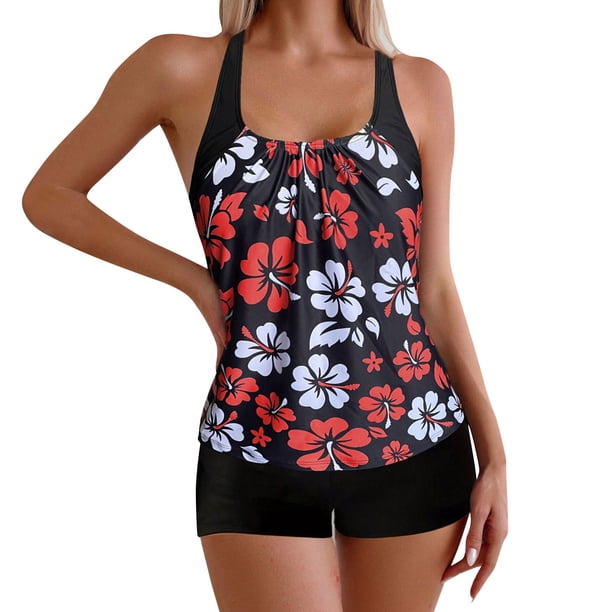 Gibobby Conjunto de Bañador Sexy Traje de baño para mujer Tankini Traje de baño normal de 2 piezas Sin espalda Impresión de 2 piezas Estampado ajustable (Rojo,M)