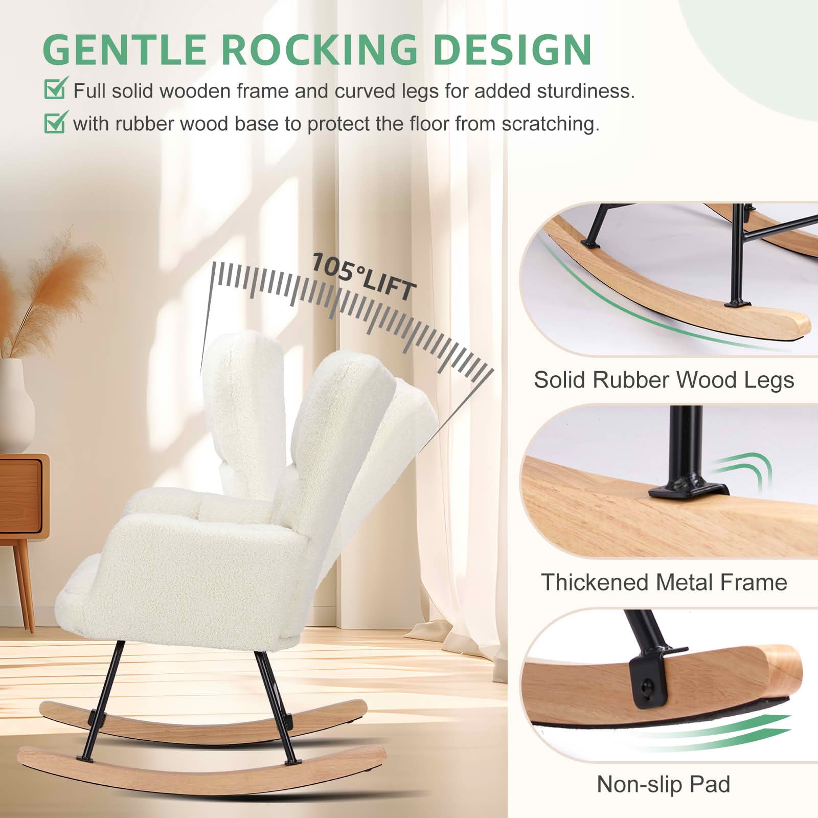MAYEERTY Teddy Upholstered Modern Glider Rocker High Backrest Reading Chair for Nursery Bedroom Living Room