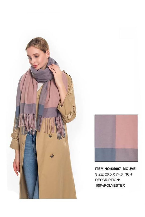 Women's Designer Print Scarf Block Plaid Tassel S5007 Oblong Scarf Muave