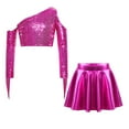 thumbnail image 5 of TSSOE Kids Girls 2 Piece Sequin Jazz Dance Outfit Long Sleeve Metallic Fringed Crop Top and Mini Pleated Skirts Set Hot Pink 14, 5 of 7