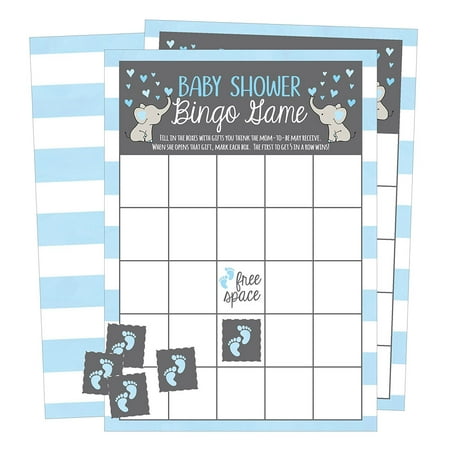 25 Blue Elephant Bingo Game Cards For Boy Baby Shower, Bulk Blank Bingo Squares, PLUS 25 Pack of Baby Feet Game Chips, Funny Baby Party Ideas and Supplies, Cute Kids Animal Woodland Paper Pattern