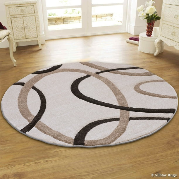 Allstar Ivory Round Modern Geometric Brown circle design Area Rug (5' 5