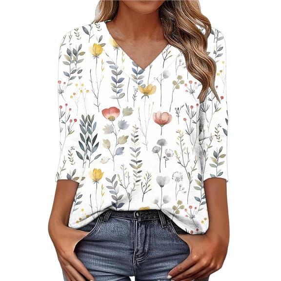 Cilsoka Trendy Tops for Young Women 3/4 Sleeve V Neck T-Shirts Floral Printed Cute Tunic Tops Casual Basic Top Pullover, Graphic Trendy Tees