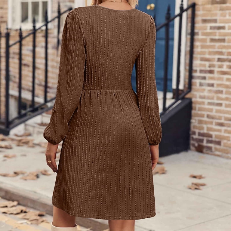 COSFO Casual Fall Dresses for Women Crew Neck Brown Solid Long Sleeve Midi  Dresses A-Line Flowy Cable Knit Dresses - Walmart.com