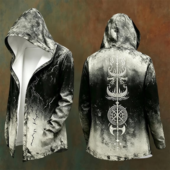 EliteGoogv Hooded Jackets For Men Zip Front Norse Style Longline Coat Halloween Occasion Wear Mens Gothic Cardigan Coats Light Gray