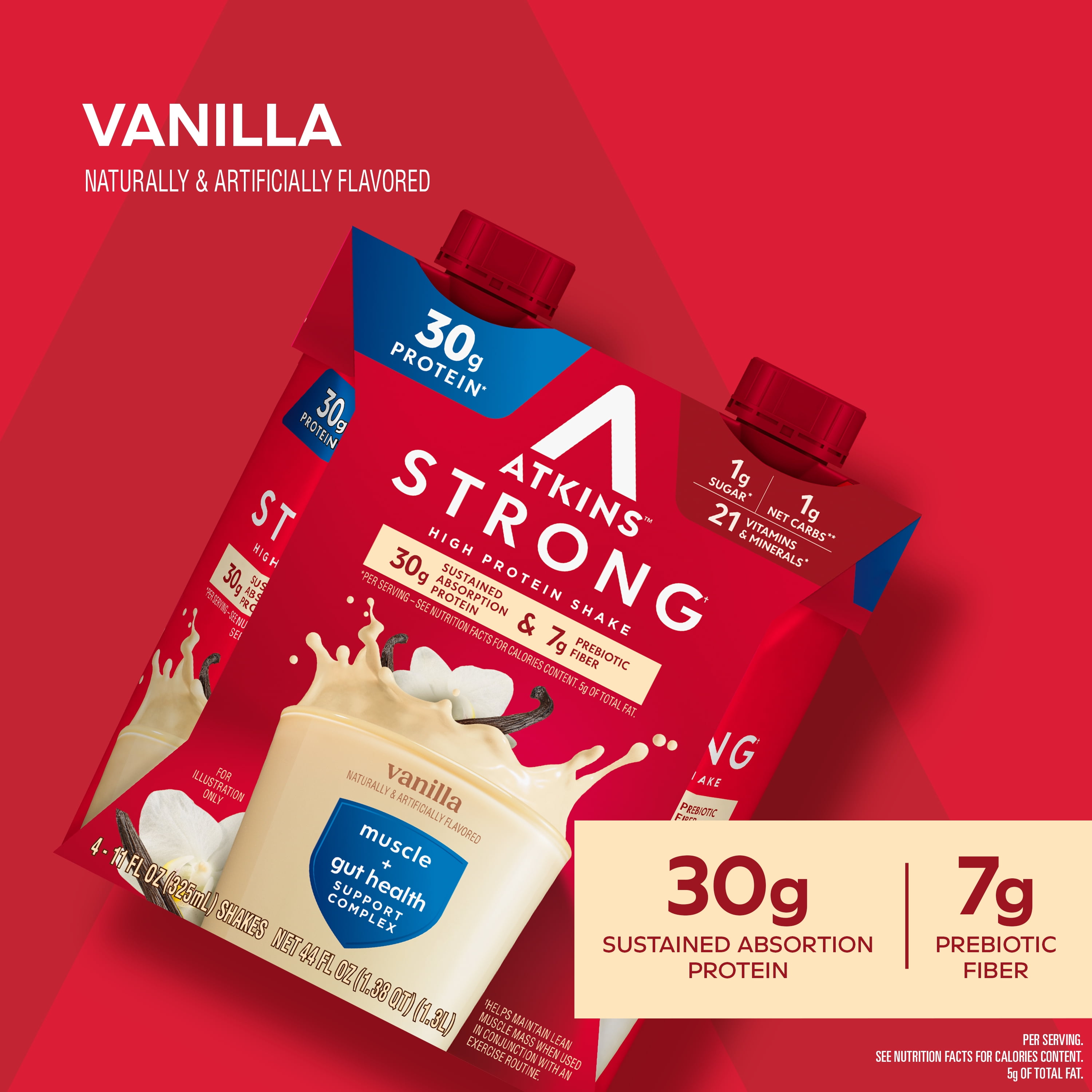 (3 pack) Atkins Strong, High Protein Shake, Vanilla, 30g of Protein, High Fiber, 4 Count