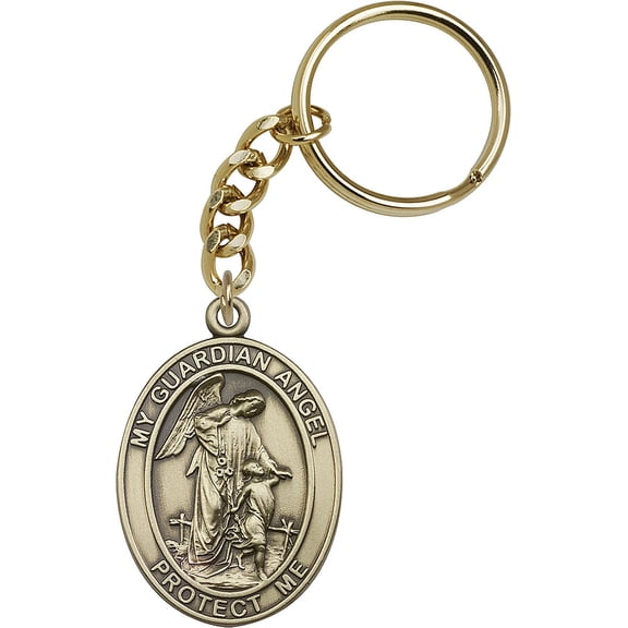 Antique Gold-Plated Guardian Angel Keychain 1 7/8 x 1 1/4 inches