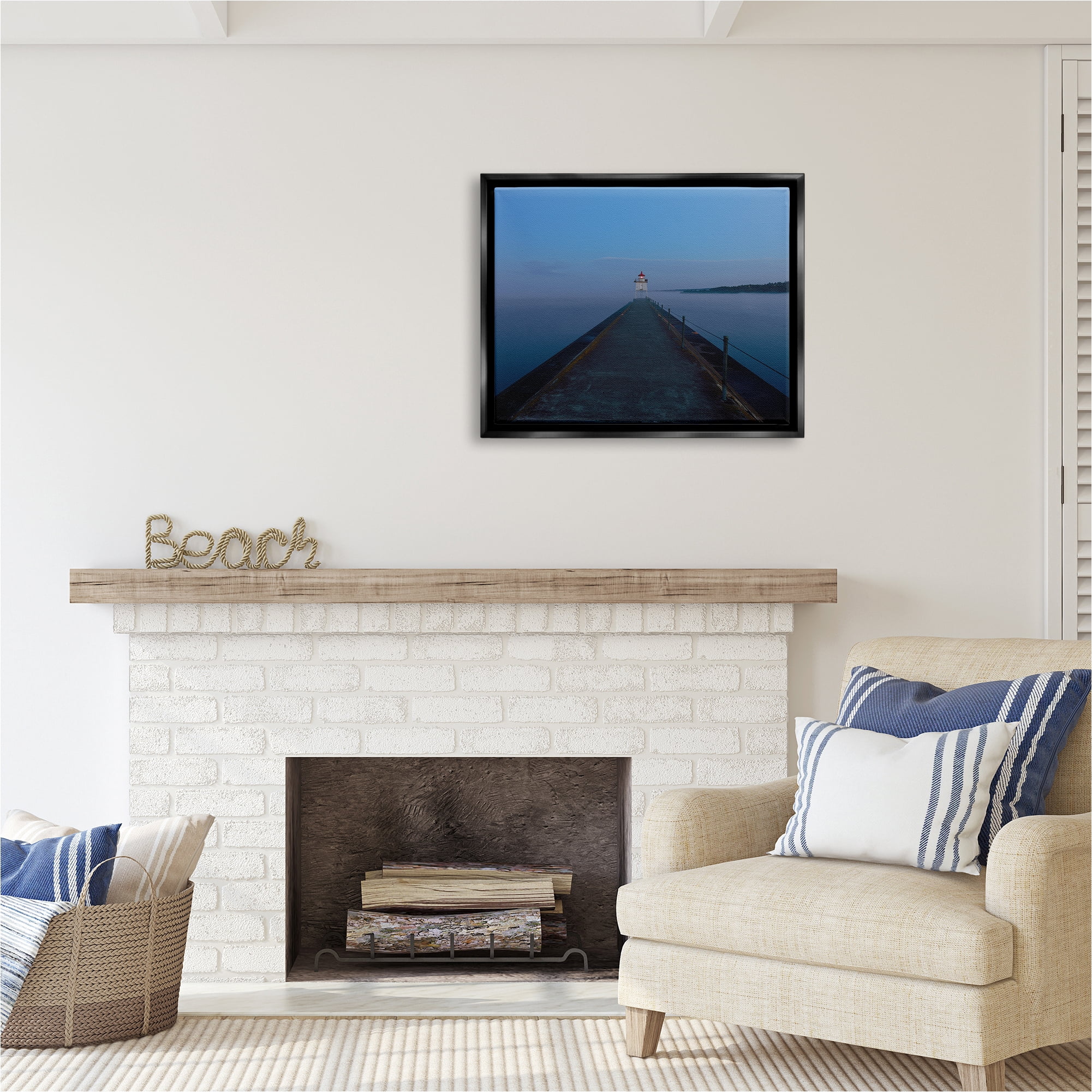 Stupell Industries Lighthouse at Night Landscape Photography Black Floater Framed Canvas Art Print Wall Art, 31 x 25