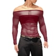 thumbnail image 2 of UQJfacai Mens Mesh Off Shoulder Tops Sheer See Through Long Sleeve Shirts Stretch Muscle Fitted Tee Summer Party Night Clubwear Wine M, 2 of 9