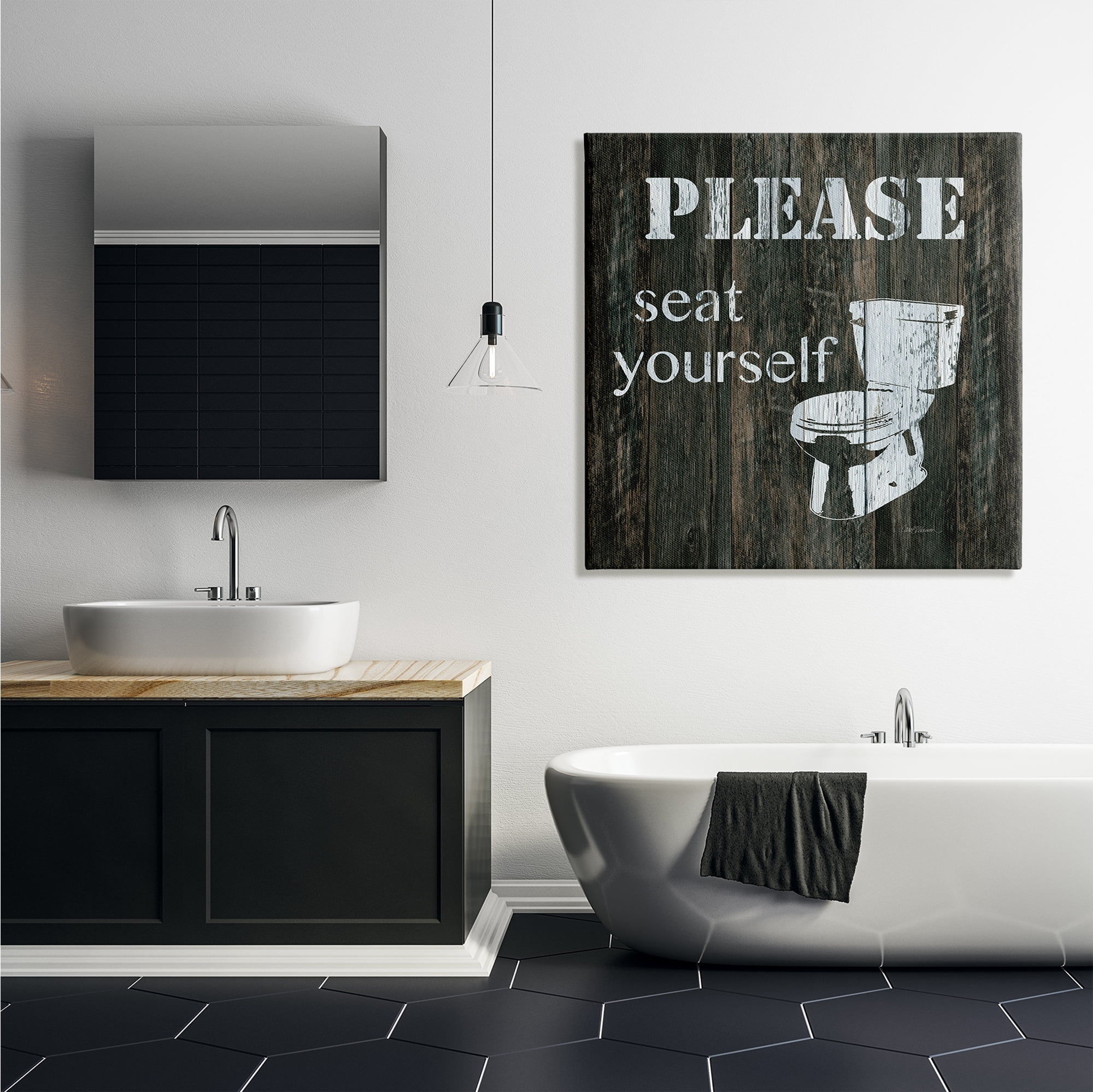 Stupell Industries Seat Yourself Rustic Bathroom Sign Distressed Toilet Typography Painting Gallery Wrapped Canvas Print Wall Art, 36 x 36