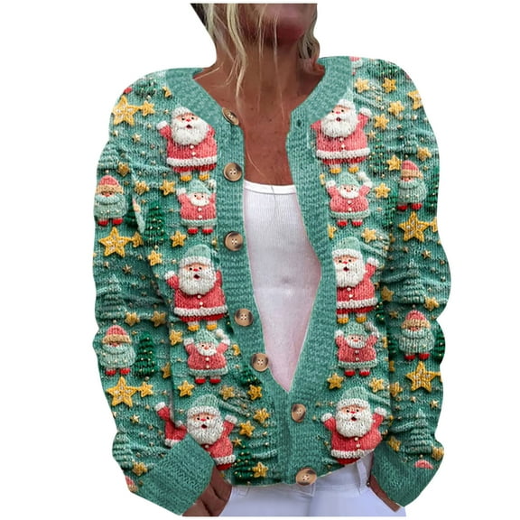 Penkiiy Christmas Sweater for Women 2024 Cute Xmas Printed Cardigans Sweater Open Front Button Down Knit Jacket M Multicolor