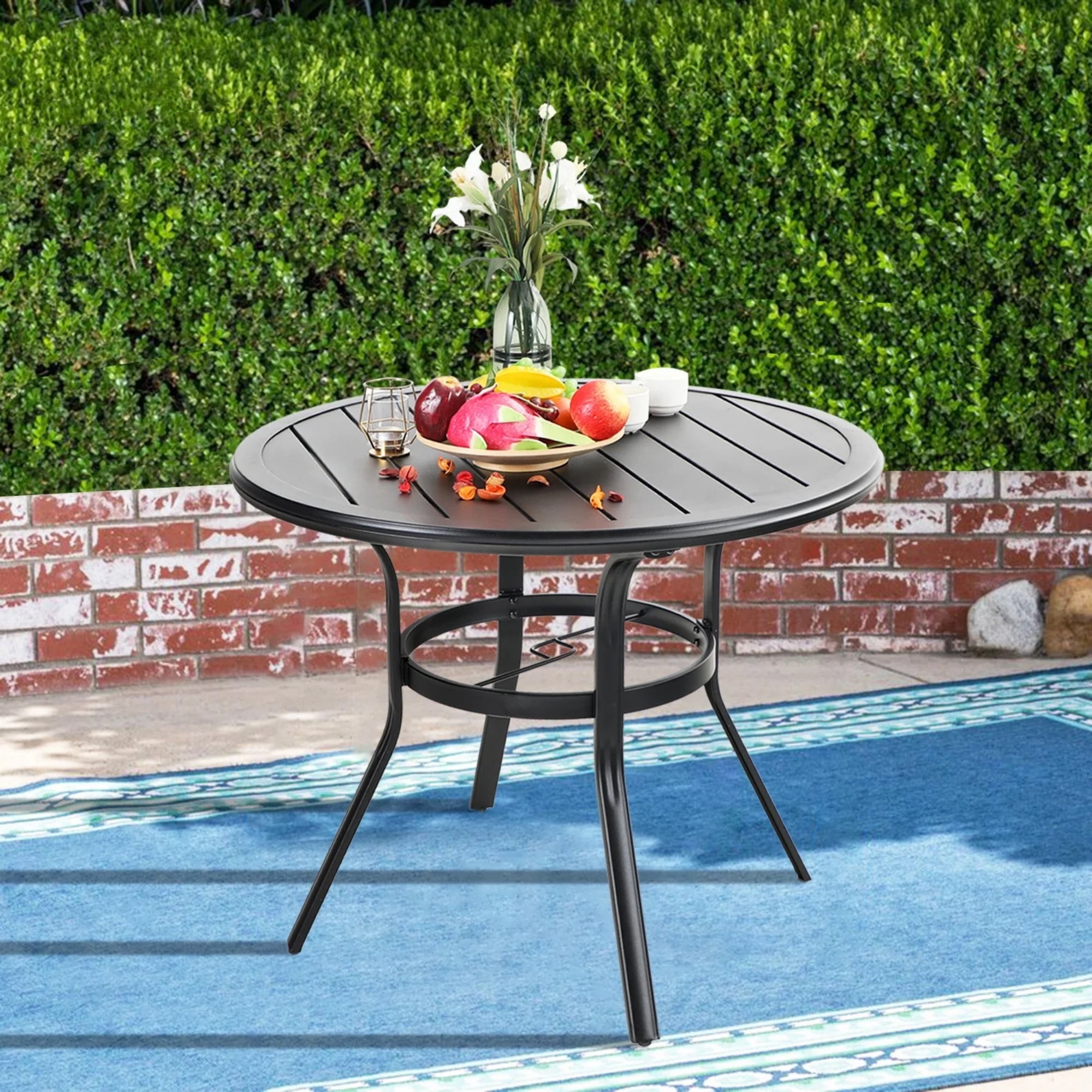 SUMMIT LIVING 5-Piece Outdoor Patio Dining Set with Swivel Chairs and 38" Steel Round Table with Umbrella Hole, Black & Grayish-brown