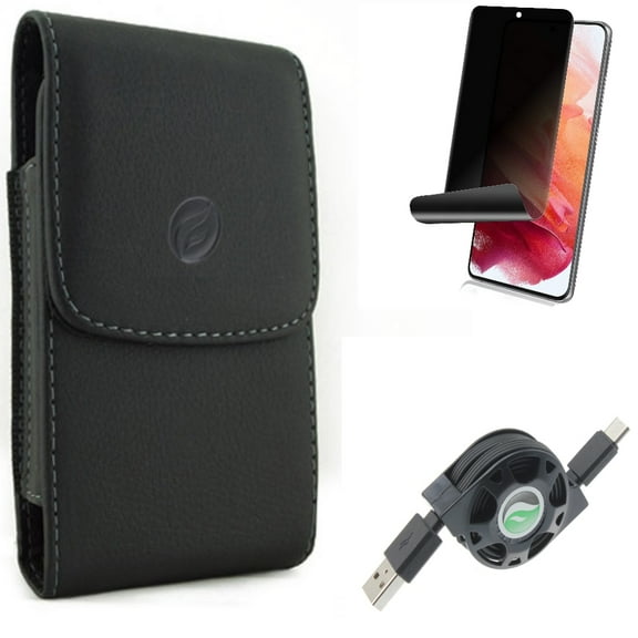 Privacy Screen Protector & Case Belt Clip & USB Cable for Samsung Galaxy S22 (6.1") - TPU Film Fingerprint Works & Leather Holster & Retractable Type-C Accessory Bundle