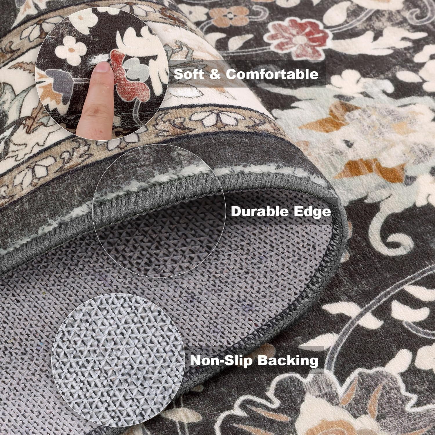 MJIAexp 2' x 8' Boho Floral Kitchen Runner Rug Machine Washable Runner Rug Non-Slip Hallway Runner Laundry Rug Throw Carpet for Living Room Bedroom Dining Room Entryway Kitchen Black