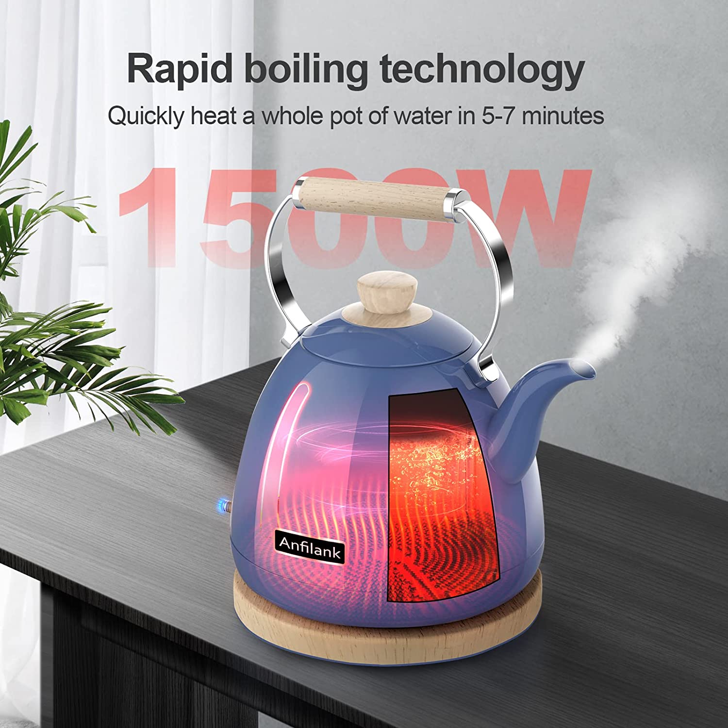Anfilank Boil Water Electric Kettle, 1.7L 1500W, Coffee & Tea