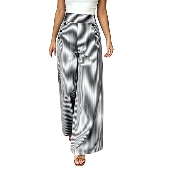 Gytharion Women's High Waist Striped Wide Leg Pants Double Breasted Draped Floor Length Casual Pants with Pockets Loose Palazzo Trousers