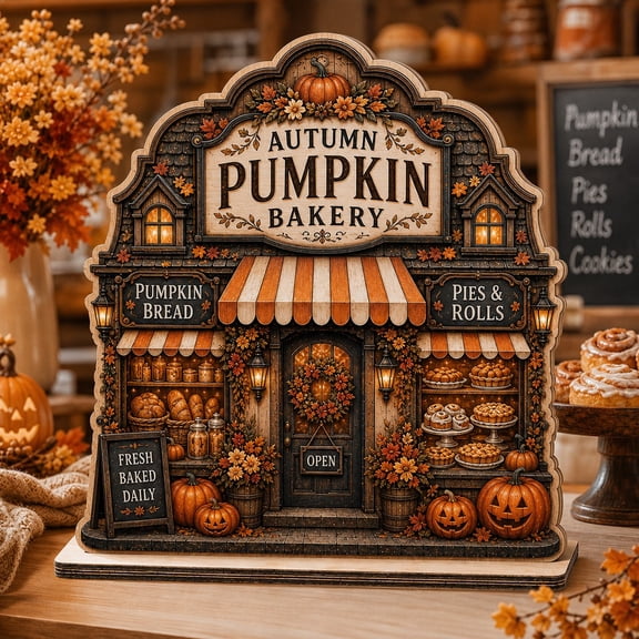 Wooden Block Decor Autumn Pumpkin Bakery Wood Tabletop Display for Halloween Fall Homes