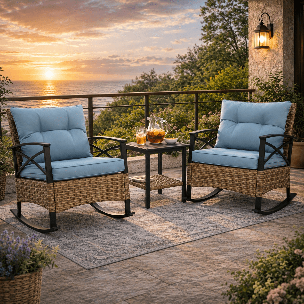 Seizeen Outdoor Rocking Chair Set of 2, Balcony Furniture Patio Bistro Set with Table for Living Room, Bedroom, 3pcs Rattan Wicker Conversation Set with Steel Table, Blue Cushions and Pillows