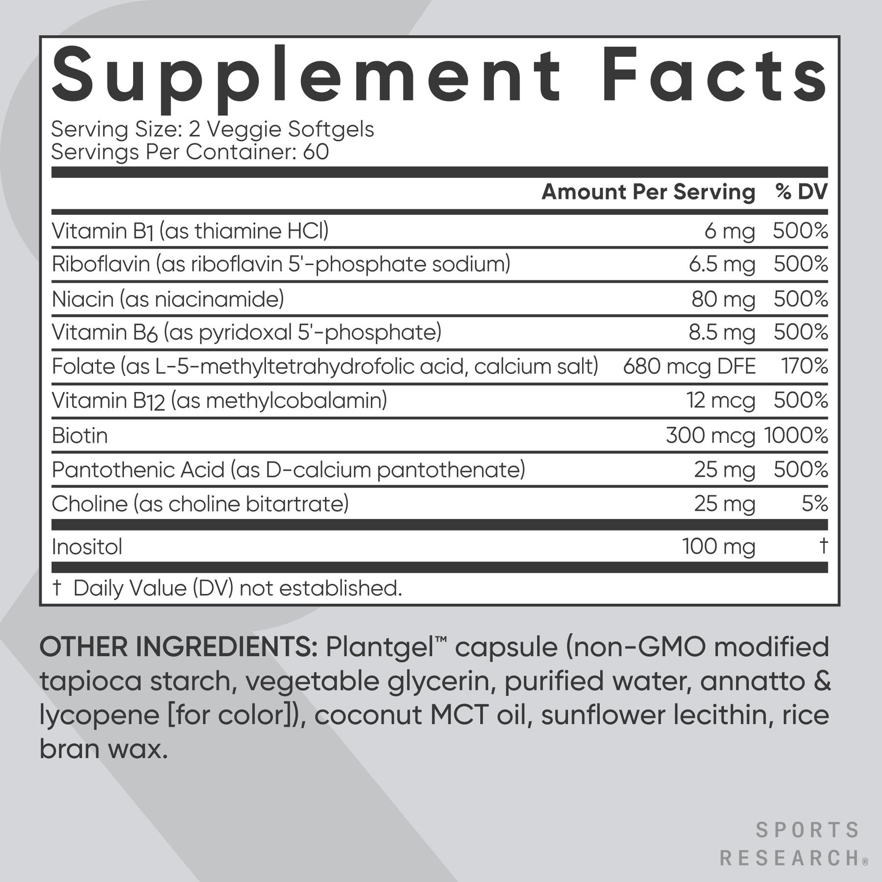 Sports Research® Vitamin B-Complex - Full Spectrum of B Vitamins with Methylated B12 & Folate - Gluten Free ·  Plant-Based · Non-GMO · Vegan-Friendly Formula - 120 Veggie Softgels