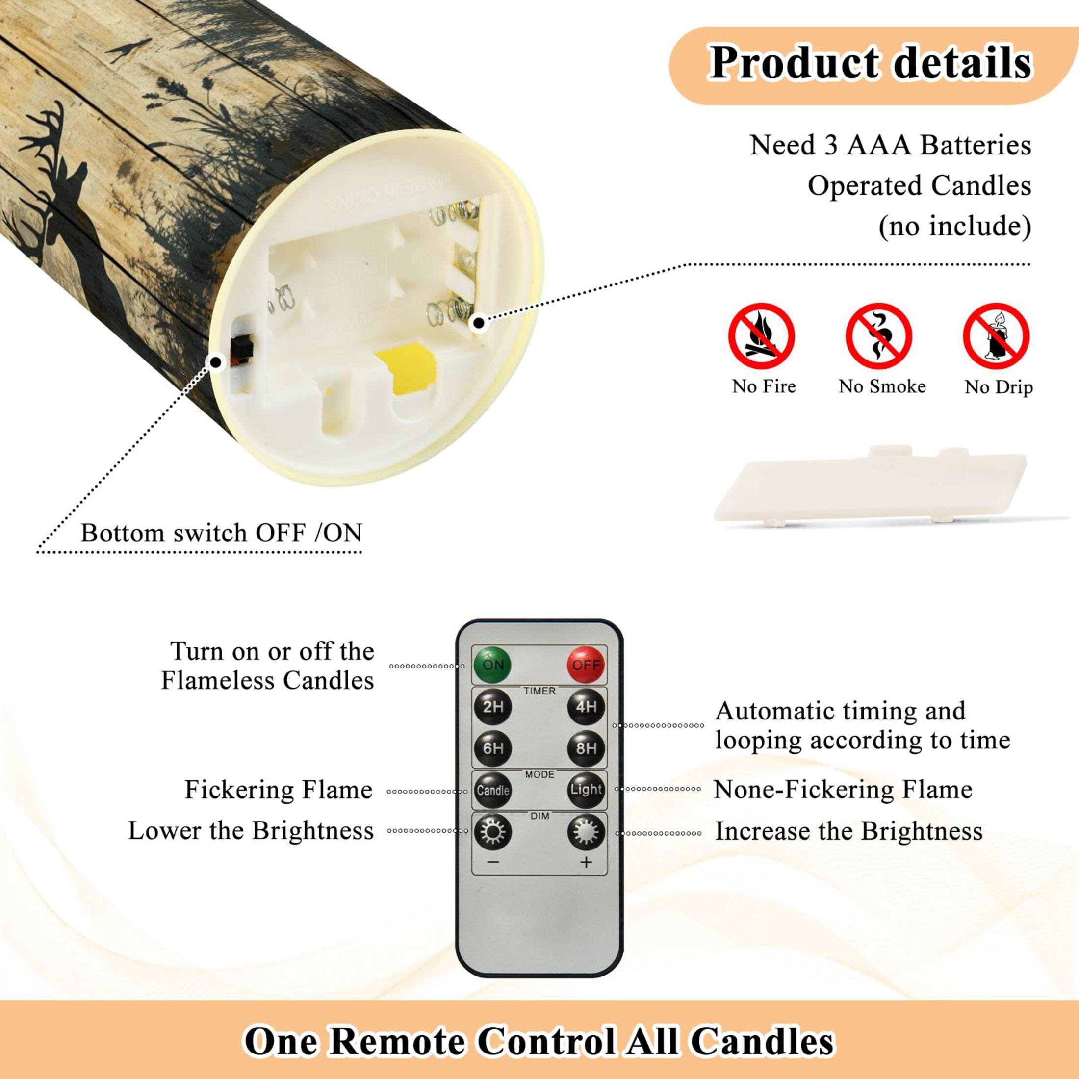 Wobogo Forest Deer Shadow Flameless Candles with Remote Battery Operated Flickering LED Candles with Timer 2/4/6/8H Medium Size