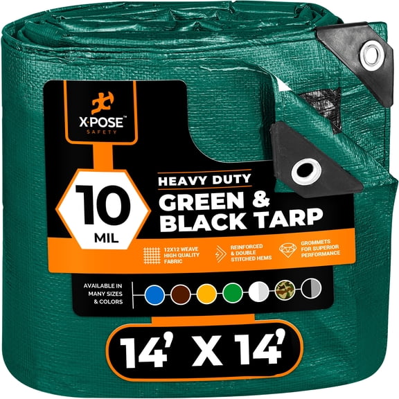 Heavy Duty Poly Tarp 10 Feet x 12 Feet 10 Mil Thick Waterproof, UV Blocking Protective Cover - Reversible Green and Black - Laminated Coating - Rustproof Grommets - by Xpose Safety