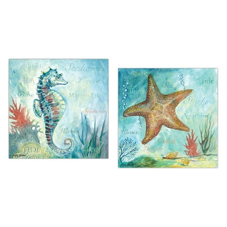 White Starfish Decor Beautiful Watercolor-Style Marine Life Starfish and Seahorse; Coastal Decor; Two 12x12in Poster Prints ()