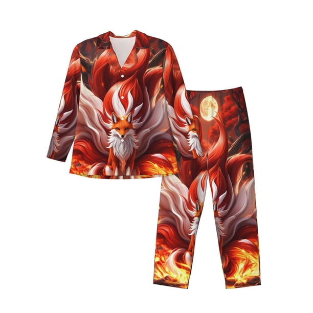 Balery Red Leaf Flame Fox Pijama para Hombre de Dos Piezas con Manga Larga, Conjunto de Dormir y Descanso Suave con Bolsillos-Large