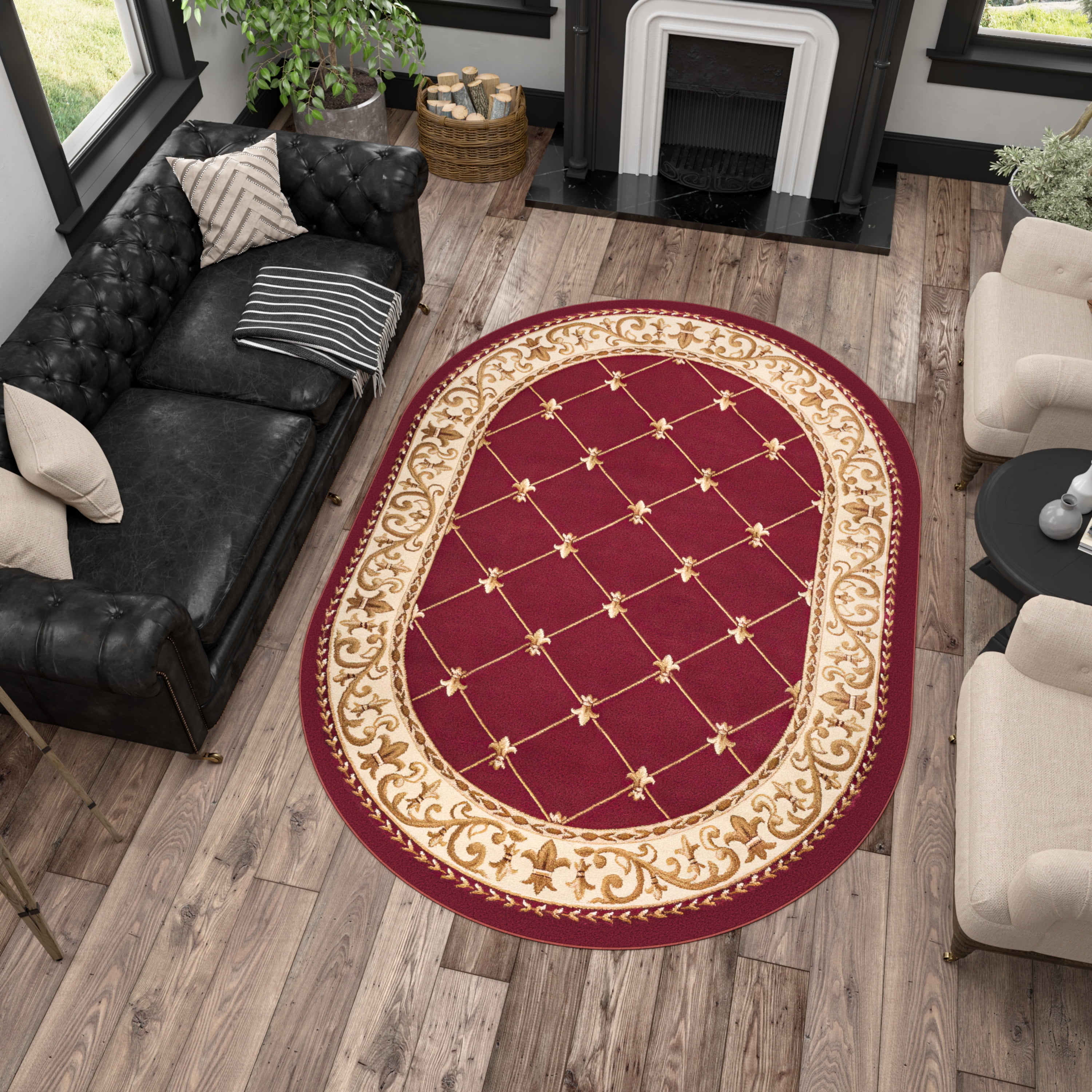 Sensation Traditional 6.7' x 9.6' Oval Red and Beige Polypropylene Indoor Area Rug