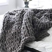 Chunky Knit Throw Blanket Soft Cozy Chenille Casual Handwoven Blanket for Bed Sofa Chair Home Decoration (Dark Gray, 40" × 60")