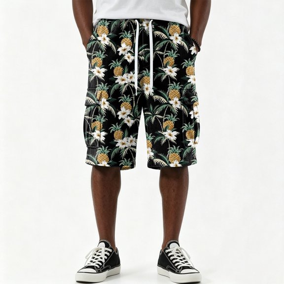 Men Hawaiian Print Corduroy Cargo Shorts Drawstring Elastic Waist Multi Pockets Knee Length Tropical Five Inch Shorts For Beach Vacation Camping
